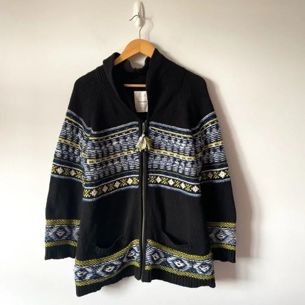 Anthropologie Sparrow Batley Fairisle Black Multi Cardigan Sweater Coat Medium - Picture 2 of 6